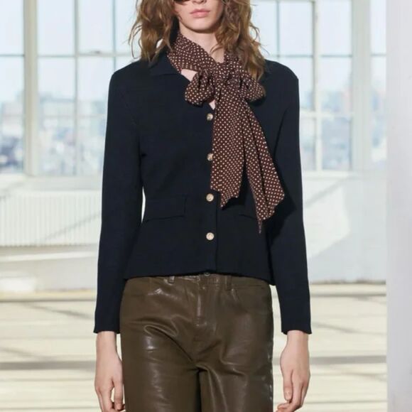 Navy Blue Gold-Button Collared Heavy Knit Blazer Jacket Cardigan Sweater (NWT) - Picture 4 of 7